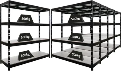 Produktbild von Mega Deal | 5x Profi Schwerlastregal Rhino | HxBxT 200x200x60cm | 4 Melamin-Ebenen 16mm | Fachlast 500kg | Schwarz