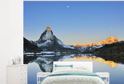 Produktbild von MuchoWow® Fototapete für Wohnzimmer oder Schlafzimmer Wandtapete Vinyl Motivtapete Matterhorn spiegelt sich im Riffelsee bei Sonnenaufgang in der Schweiz - 375x300 cm - Tapezierpapier