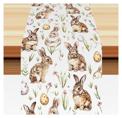 Produktbild von Oster Tischläufer, 40×140cm Wasserdicht mit Kaninchen und Tulpen Muster, Leinen Tischdecke für Ostern, Wiederverwendbar für Küche und Innenbereich