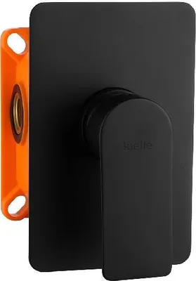 A black matte shower mixer with an orange mounting bracket.