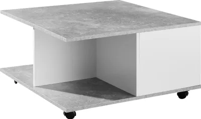 Couchtisch 70x70cm Zementgrau Weiß in Gesamtansicht mit Schubladen, Fächern und Rollen.