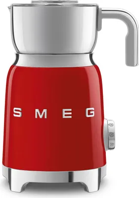A red SMEG milk frother on a white background.