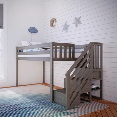 Etagenbett aus Kiefernholz, Twin, Lehm, mit Treppe