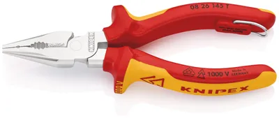 Produktbild von KNIPEX 08 26 145 T Spitz-Kombizange isoliert mit Mehrkomponenten-Hüllen, VDE-; mit integrierter isolierter Befestigungsöse zum Anbringen einer Absturzsicherung verchromt 145 mm