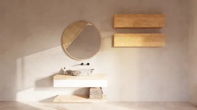 A modern bathroom vanity with a round mirror, a stone sink, and wooden shelves.