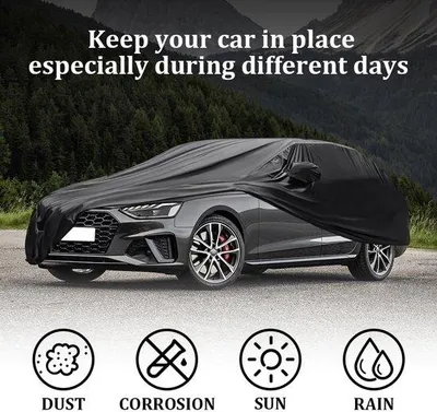 Image de Housse de voiture élastique noire Unyqoos® – en polyester imperméable et respirant, adaptée aux véhicules de 4,6 à 4,9 mètres (dimensions intérieures et extérieures), avec sac de rangement
