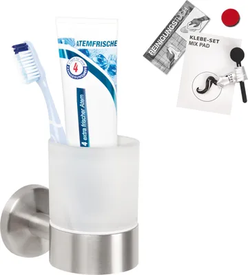 Obrázok produktu pre bremermann kúpeľňová séria PIAZZA - Sklenený držiak na poháre vrátane lepiacej sady a nástenného držiaka, zo satinovanej ušľachtilej ocele
