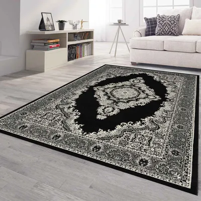Image de Tapis Orient gris noir classique Ornement tissé serré Poils courts Grand teint