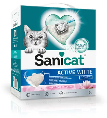 Immagine prodotto di Sanicat, lettiera agglomerante bianca con profumo di fiori di loto. Prodotta con ingredienti naturali