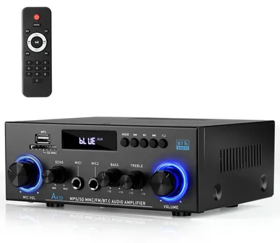 Obrázok produktu pre Audio zosilňovač stereo – 400 W, Bluetooth 5.0 – 2-kanálový, výstupný výkon 800 W – kompaktný – pre domáce použitie a karaoke