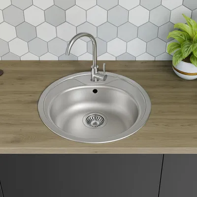 Produktbild von [Edelstahlspüle Ø 51 cm +Armatur] Hochwertig beidseitig Montierbar Küchenspüle Rund Einbauedelstahlspüle Edelstahl Spülbecken f. Unterschränke ab 45 cm inkl. Siphon-Set