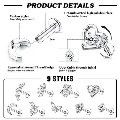 Produktbild von Piercings - 9-teiliges Set - 16G Helix Piercings für Tragus und Ohr - ADN-L-E0088-F