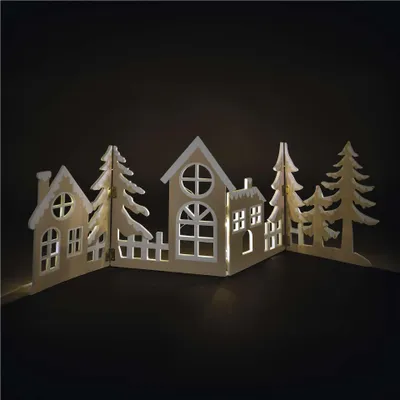LED dekorace dřevěná - vesnička, 60 cm, 2x AA, teplá bílá, časovač