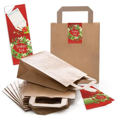 Produktbild von 100 braune natur Kraftpapier Papiertüte Geschenk-Tasche mit Henkel Boden 18 x 8 x 22 cm + 100 Aufkleber FROHE WEIHNACHTEN DANKE KUNDEN MISTELN weiß rot schwarz beige Geschenk Verpackung "Frohes Fest" rot grün / 25 Stück