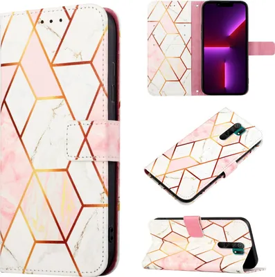 Produktbild von Redmi 9 Hülle, Marmor Motiv Kunstleder Tasche Wallet Kartenfächer mit Standfunktion Klapp Schutzhülle für Xiaomi Redmi 9 / Poco M2 Roségold