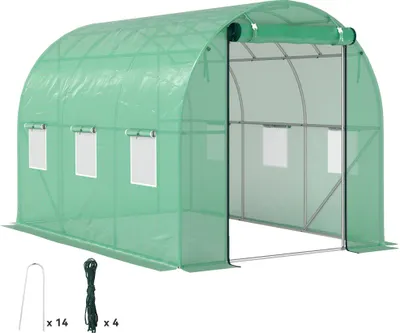 Zdjęcie produktu dla Szklarnia Outsunny 200x300x200 cm, tunel foliowy na pomidory z drzwiami, 6 okien, ocynkowany stalowy tunel foliowy, 170 g/m² PE, stabilny tunel dla roślin, szklarnia z kotwami gruntowymi i linami, zielona