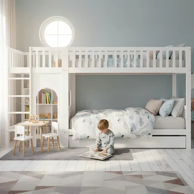 Produktbild von Etagenbett Kinderbett 90x200 cm Kiefer-Massivholz Bettgestell mit Rausfallschutz & Leiter, Stabiles Hochbett inkl. Lattenrost ohne Matratze, Weiß