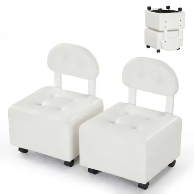 Produktbild von COSTWAY 2er Set Sitzhocker mit Rückenlehne, Hocker mit Kunstlederbezug & Gummibaumholzbeinen, Kleiner Fußhocker bis 150 kg, Polsterhocker, Weiß