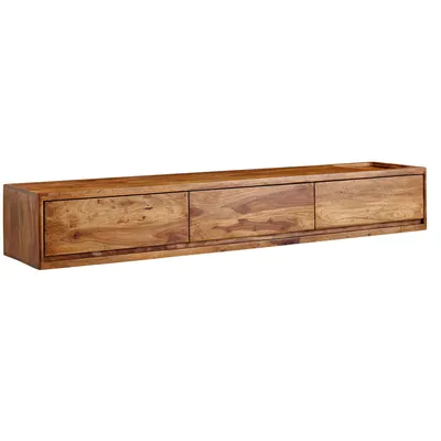 A wooden TV stand with three drawers against a white background.