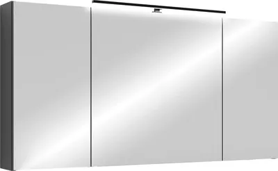 A modern, triple-door mirrored bathroom cabinet with an integrated LED light bar.