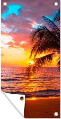 Produktbild von MuchoWow® 40x80 cm Outdoor-Poster Gartendeko Sichtschutz Garten Poster für den Garten  Palme - Sonnenuntergang - Strand - Meer - Horizont