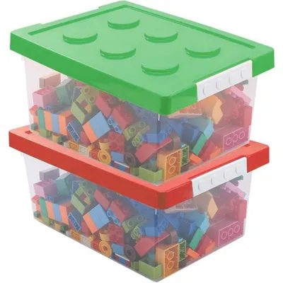Immagine prodotto di Contenitori per giocattoli con coperchio, 2 pezzi, impilabili, in plastica, colore rosso e verde