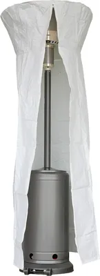 A white cover is partially draped over a patio heater.