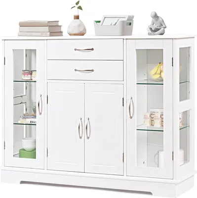 Immagine prodotto di Credenza da cucina, mobile contenitore, mobile da sala da pranzo in legno, mobile contenitore con cassetti e ripiani, mobili da cucina in stile rustico (bianco)