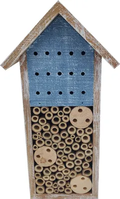 Produktbild von Dehner Natura Premium Insektenhotel Galway, Bienenhotel nachhaltig, Insektenhaus/Nistkasten für Bienen/Schmetterlinge/Käfer, ca. 15 x 30 x 13 cm, aus FSC-em Tannenholz/Bambus, braun/blau