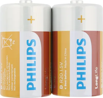 Image de Philips Batterie LongLife R20L2B/10, Pile jetable, carbone-zinc, 1,5 V, vert, blanc, 34,2 mm, 34,2 mm