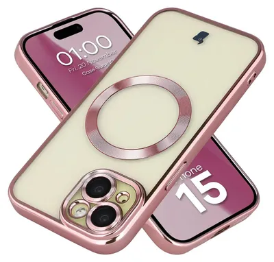 Produktbild von Handyhülle mit Kameraschutz und Magnetring für iPhone 15, Bizon Case GuardO, Transparent-Rosa