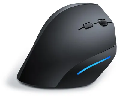 A black ergonomic computer mouse is shown on a white background.