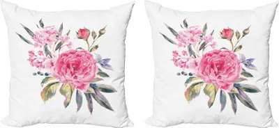Produktbild von ABAKUHAUS Blumen Kissenbezug Set (2Stück), Romantischer Aquarell-Blumenstrauß mit den Knospen der Rosen und des Wildblumen-Weinlese-Botanik-Themas, 45 x 45 cm, Mehrfarbig