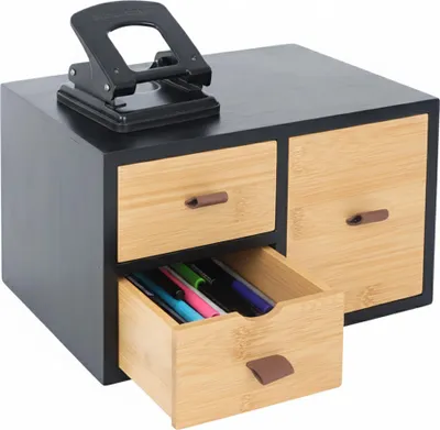 Immagine prodotto di Relaxdays Cassettiera in bambù e MDF, 3 cassetti, maniglie, dimensioni: 15x25x20 cm, organizer da scrivania, nero/naturale