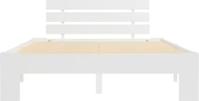 A white wooden bed frame with a slatted headboard and base, shown from the front.