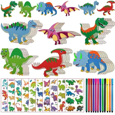 Image de Kit de construction de dinosaures Dino, 74 pièces, comprenant 30 dinosaures en bois, 12 crayons aquarelle, et 2 autocollants, pour les filles et les garçons à partir de 4 ans