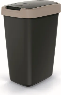A black trash can with a tan lid and rim, shown from a front-side angle on a white background.
