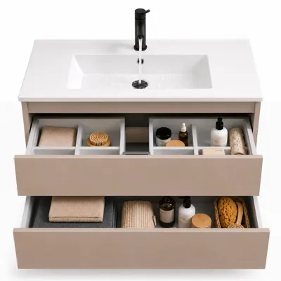 Produktbild von paplinskimoebel - Waschtisch mit Unterschrank, CALPE 80 cm, wandhängender Unterschrank mit Schubladen, Kaschmir, Beige matt, Holz, Keramikwaschbecken