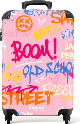 Obrázek produktu pro NoBoringSuitcases.com Příruční kufr z tvrdé skořepiny 55x35x20 cm, 36L, barevné graffiti potisky: růžový - barevný, cestovní kufr na 4 kolečkách