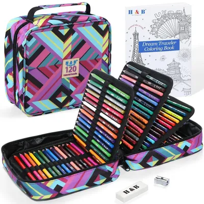 Image de Jeu de crayons de couleur de 120 couleurs, avec un livre de coloriage et une sacoche de transport, idéal pour les adultes et les artistes
