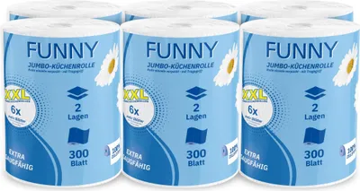 Produktbild von Funny Jumbo Küchenrollen - 2-lagig - a 300 Blatt - Zellstoff - weiß - 12 Rollen