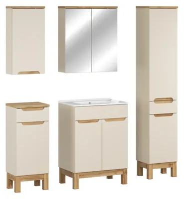Produktbild von ERMANO Kaschmir-Set 130cm: Waschtischunterschrank + Einbauwaschbecken + hängende und stehende Aufbewahrungsmöbel + Spiegel