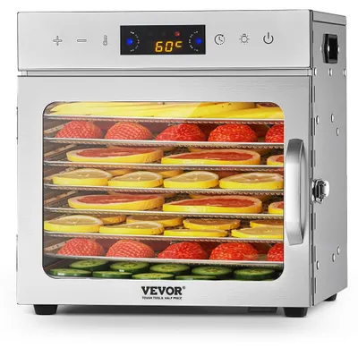 Productafbeelding van VEVOR dehydrator, 8 roestvrijstalen trays, 400W, elektrisch, met instelbare temperatuur, voor het drogen van vlees, fruit, groenten, kruiden en hondenvoer