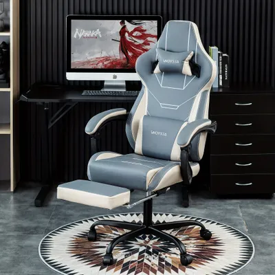 Imagen del producto de Silla de juego, silla de escritorio, silla gamer, ergonómica, ajustable y con reposapiés, color azul claro