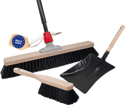 Produktbild von Novaliv Grosser Besen Saalbesen 60 cm Teleskopstiel Borsten Kunstborsten inkl Kehrgarnitur schwarz bestehend aus Kehrblech und Handfeger besen fein Werkstattbesen Hallenbesen mit Stiel Industriebesen
