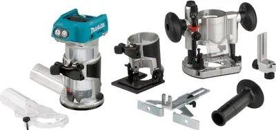 A collection of router bases and accessories laid out on a white background.