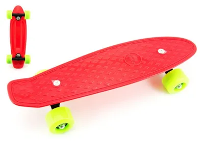 Produktbild von Skateboard – Pennyboard 43 cm, Tragkraft 60 kg, Metallachsen, rot, grüne Räder