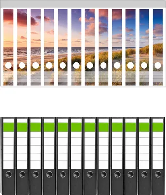 Produktbild von Wallario 12 Stück schmale Ordner inkl. Klebeetiketten mit Motive Abendspaziergang am Strand - Sonnenuntergang über dem Meer -  Set mit Rückenschildern / Ordnerrücken Stickern