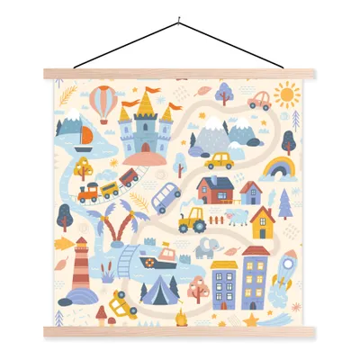 Produktbild von MuchoWow® Textilposter Kinder - Auto - Schloss - Straßen 120x120 cm mit holzfarbenen Rahmen - Textil-Poster