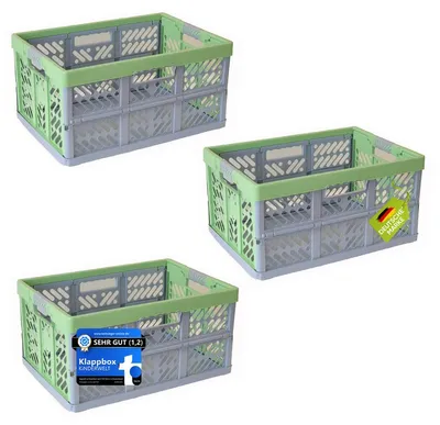 Produktbild von KiNDERWELT 3 x Robuste Profi - Klappbox 45 L bis 50 kg - Faltbox, Kiste, Korb zur Aufbewahrung, Transport - grün